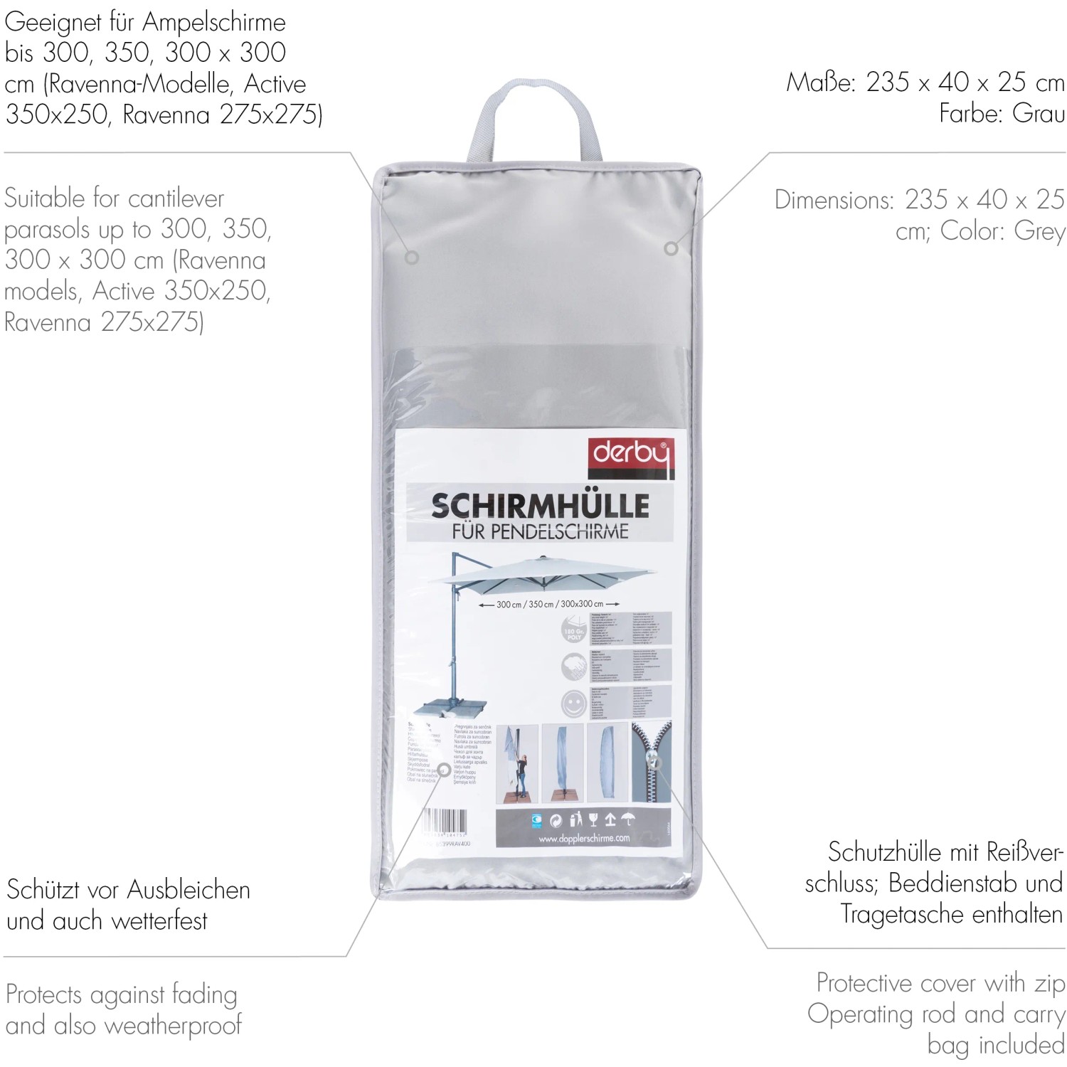 Graue Derby Schutzhülle für Pendelschirme Ravenna 300/350/3x3 mit Reißverschluss und Stab.