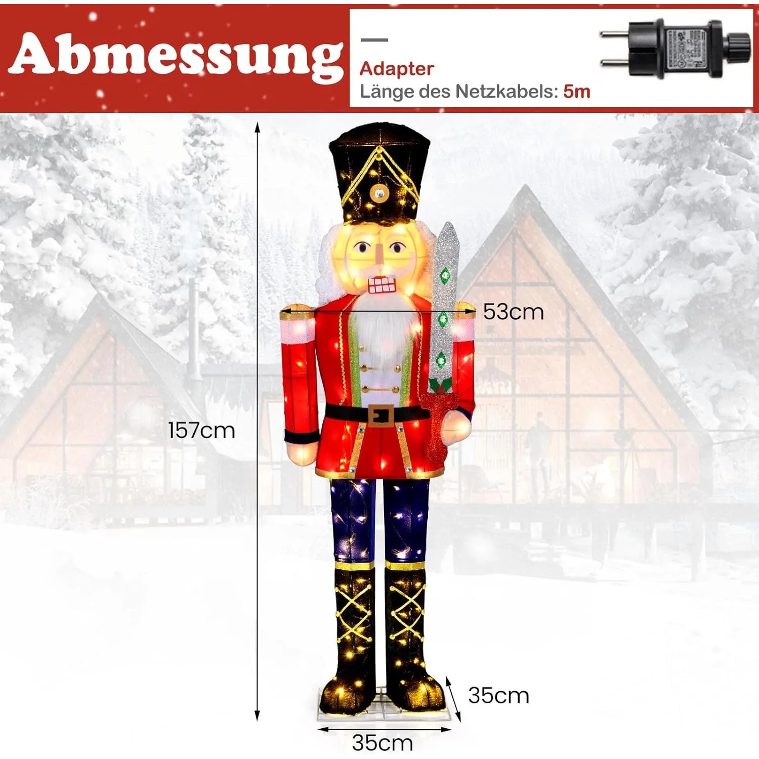 Große, beleuchtete Nussknacker Figur (157cm) als Weihnachtsdeko für Innen & Außen.