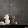 Anthrazitfarbene Retro Tapete mit grafischem Muster in Silber und Grau.