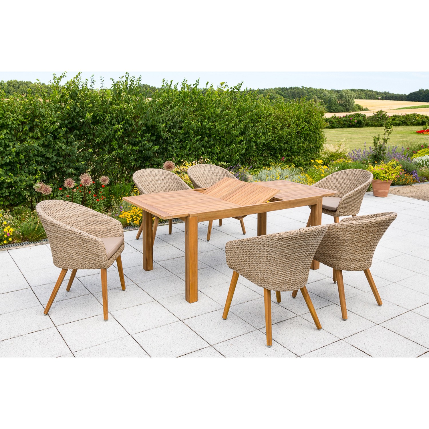 Merxx Arrone Set 7-tlg. 6 Sessel Gartentisch Ausziehbar 150 (200) x 90 cm günstig online kaufen