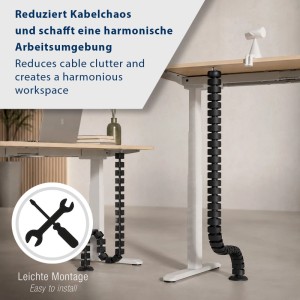 Schwarze SOTECH CAVO Kabelführung mit 27 Segmenten für höhenverstellbare Schreibtische. Vertikale Kabelorganisation, reduziert Chaos.