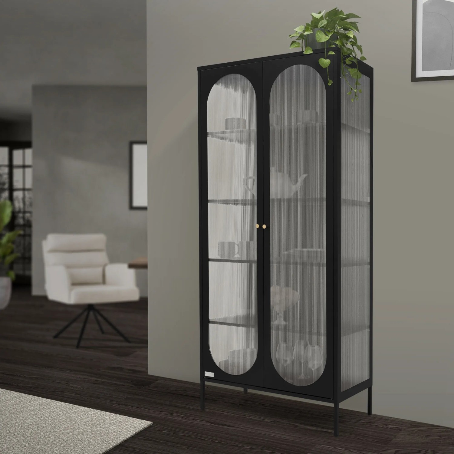 Schwarzer ML-Design Vitrinenschrank aus Stahl, 80x175x40 cm, mit Glasböden. Moderne Vitrine für Wohnzimmer.