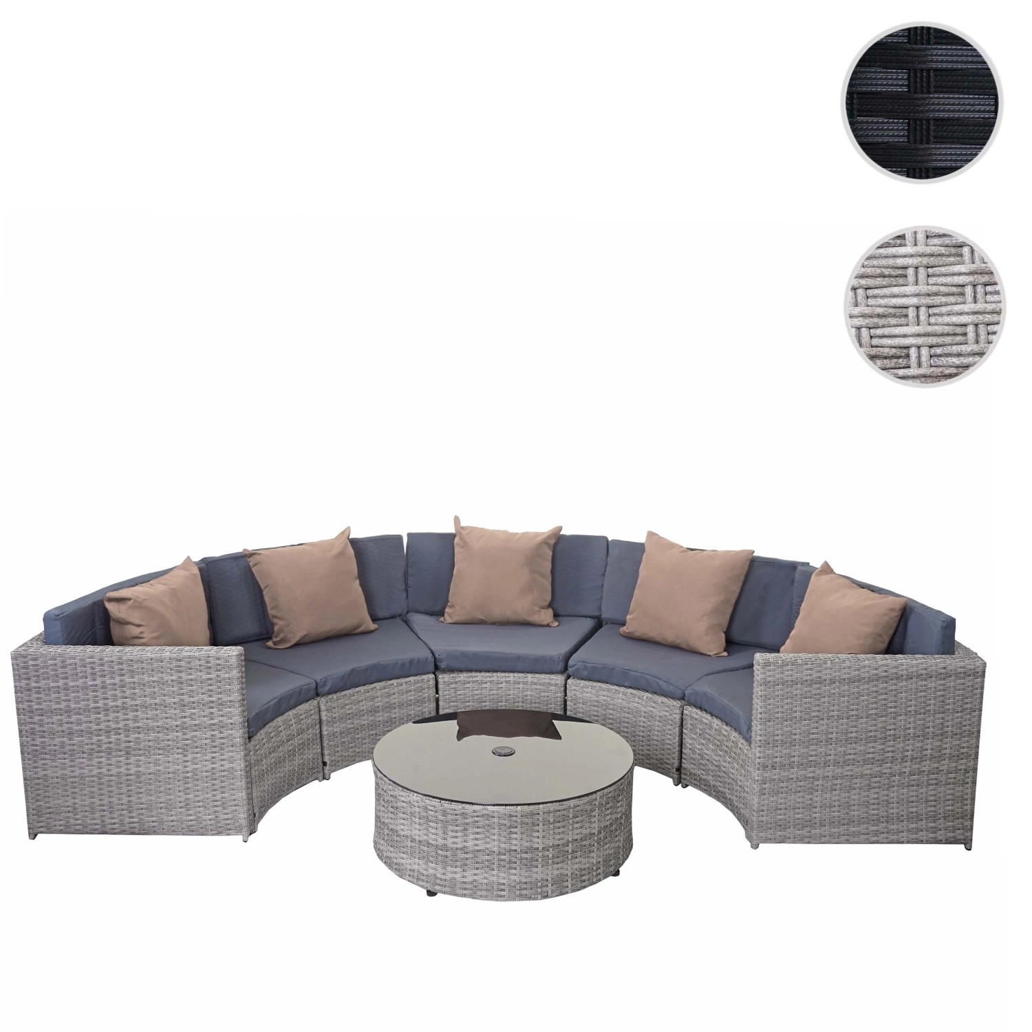 Graue Poly-Rattan Lounge-Garnitur mit dunklen Polstern und beigen Kissen, inklusive Tisch.