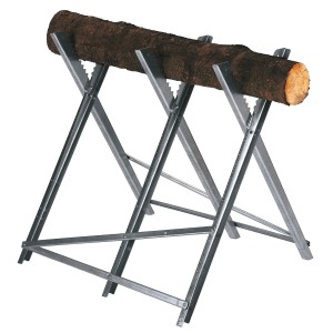 Einhell Kettensägebock aus Metall mit Holzstamm, zusammenklappbar und höhenverstellbar.