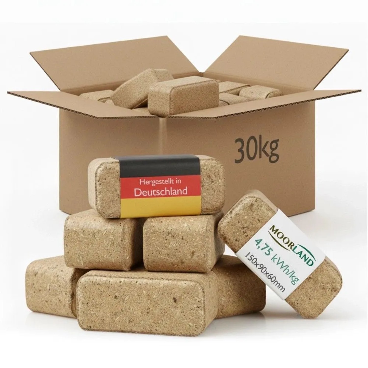 Moorland Holzbriketts, 30kg Packung. Brennstoff für Kaminöfen und Holzheizungen.