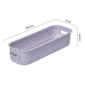 Schmaler, lavendelfarbener SmartStore Essence Aufbewahrungskorb mit Lochmuster und Griffen.
