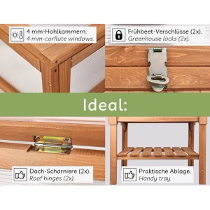 Details des Needs&wants Hochbeets Covygrow1 mit Frühbeetaufsatz: Hohlkammern, Verschlüsse, Scharniere und Ablage.