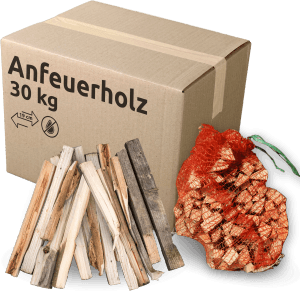 holz4home Anfeuerholz, ca. 30 kg, mit Kaminanzünder und Anzündholz im Netz und Karton.