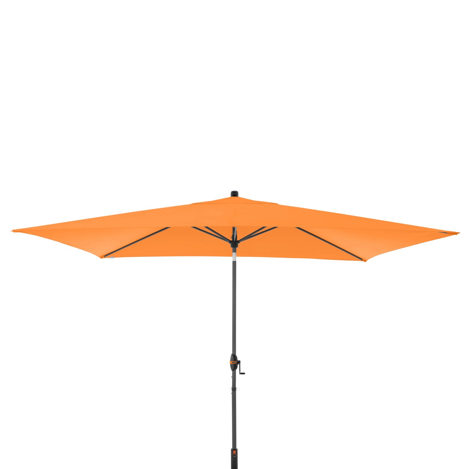 Orangefarbener Doppler Mittelmastschirm myZone Auto Tilt, 300x200 cm, mit Kurbel und Auto-Tilt Funktion.