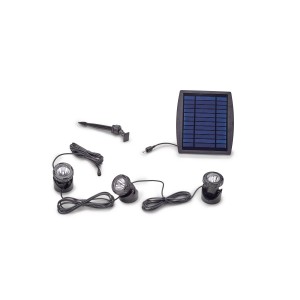 Pontec Solar Teichbeleuchtung Set mit 3 LED Spots, Solarpanel und Erdspieß.