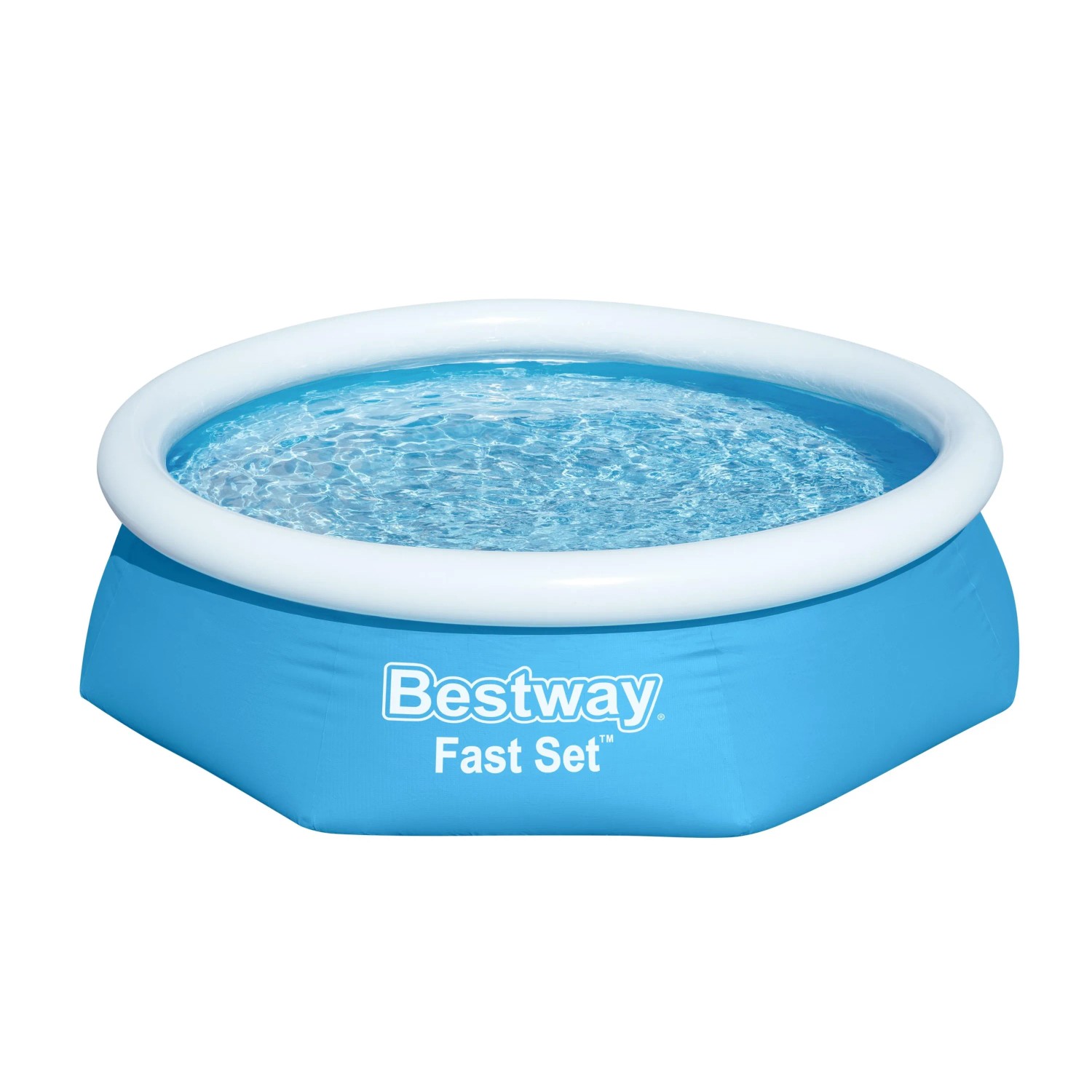 Blauer Bestway Fast Set Aufstellpool, Ø 244 cm, gefüllt mit Wasser.