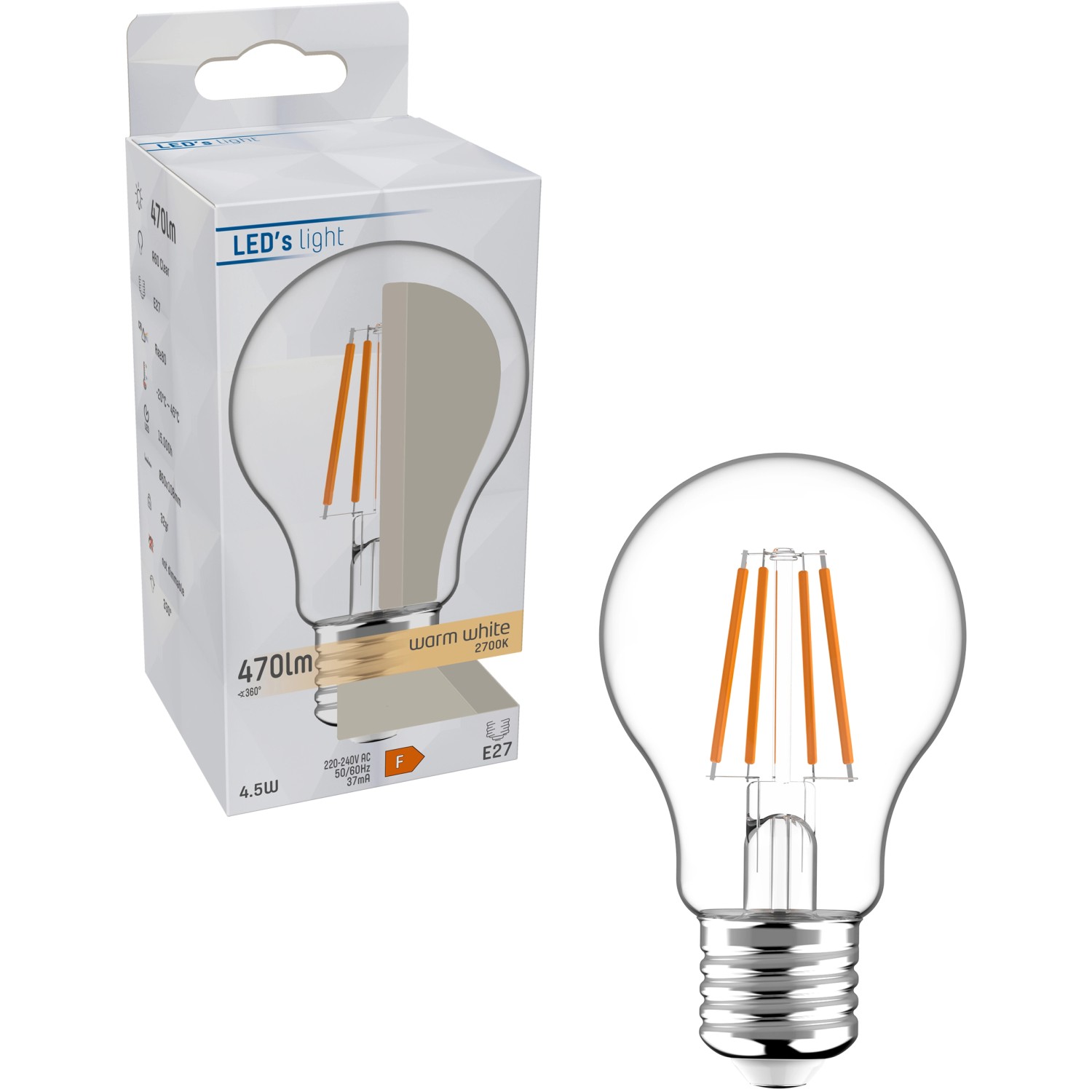 E27 LED-Filament Leuchtmittel A60, 4,5W, 470 Lumen, warmweiß, klassische Glühbirnenform.