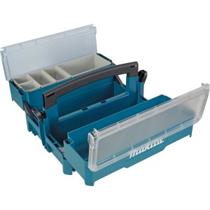 Geöffnete, blaue Makita Storage-Box für Makpac Werkzeugkoffer mit transparenten Deckeln und Einsätzen.