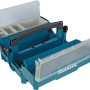 Geöffnete, blaue Makita Storage-Box für Makpac Werkzeugkoffer mit transparenten Deckeln und Einsätzen.