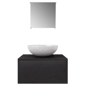 vidaXL Badmöbel-Set, 3-teilig, schwarz: Waschtischunterschrank, Spiegel und Aufsatzwaschbecken.