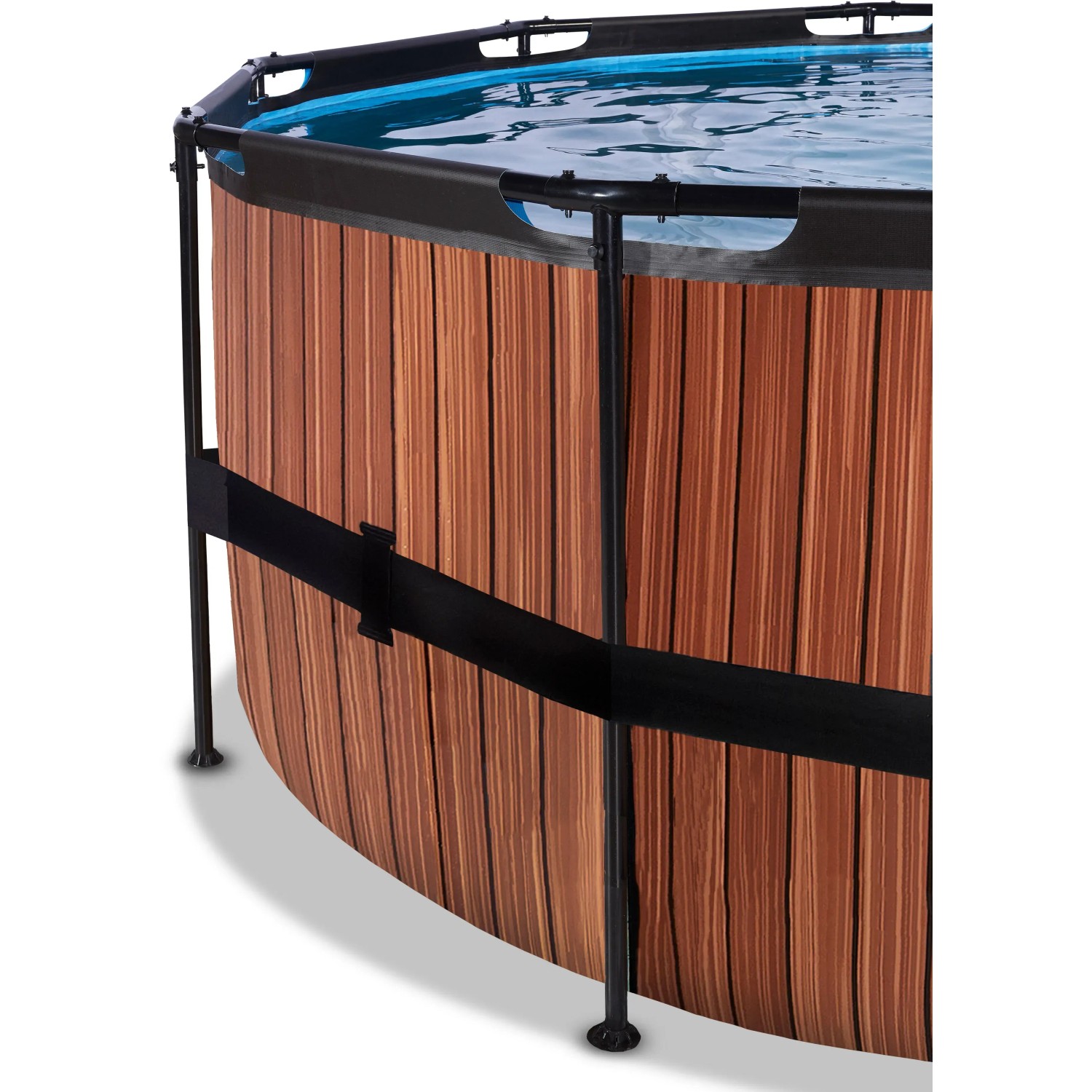 Detailansicht des runden EXIT Wood Pools Ø450x122cm in Braun mit Stahlrahmen.