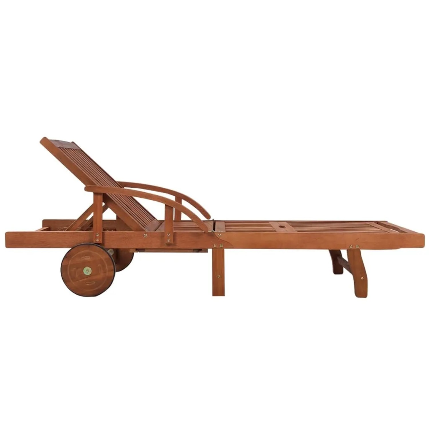 Sonnenliege aus Akazienholz mit Rädern und verstellbarer Rückenlehne. Ideal für Garten und Terrasse.