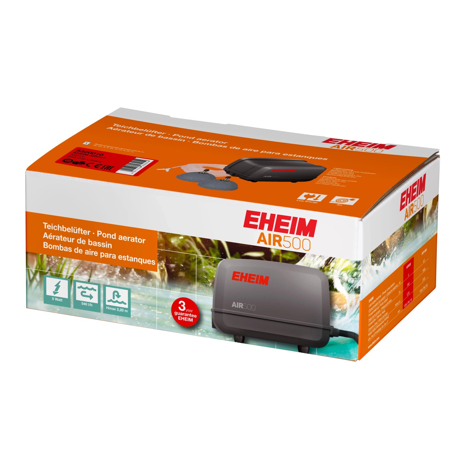 Verpackung des Eheim Teichbelüfter Air500, einer grauen Teichpumpe zur Sauerstoffversorgung.