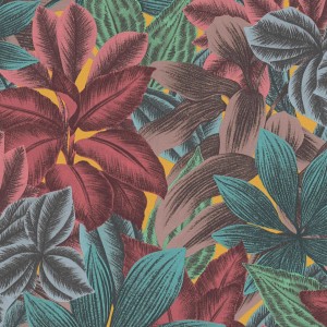 Bunte Vliestapete mit gezeichneten Palmenblättern im Dschungel-Stil für Wohn- und Schlafzimmer.