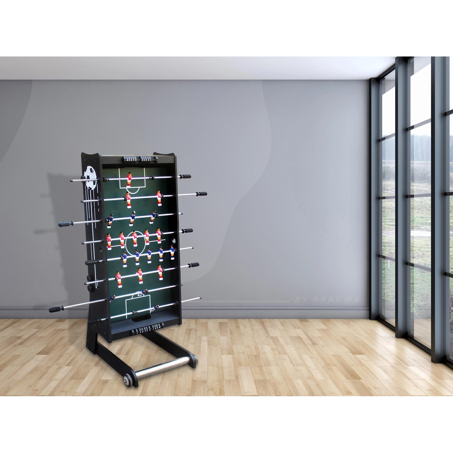 Faltbarer, schwarzer Cougar Tischkicker Scorpion Kick im Raum, ideal für Spiel & Spaß.