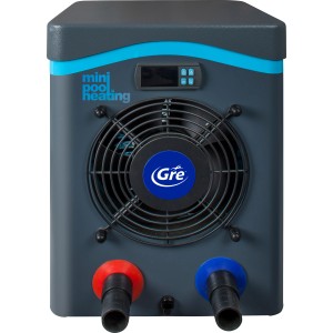 Graue Gre Mini-Wärmepumpe für Pools bis 20 m³ mit Lüfter und Anschlüssen.