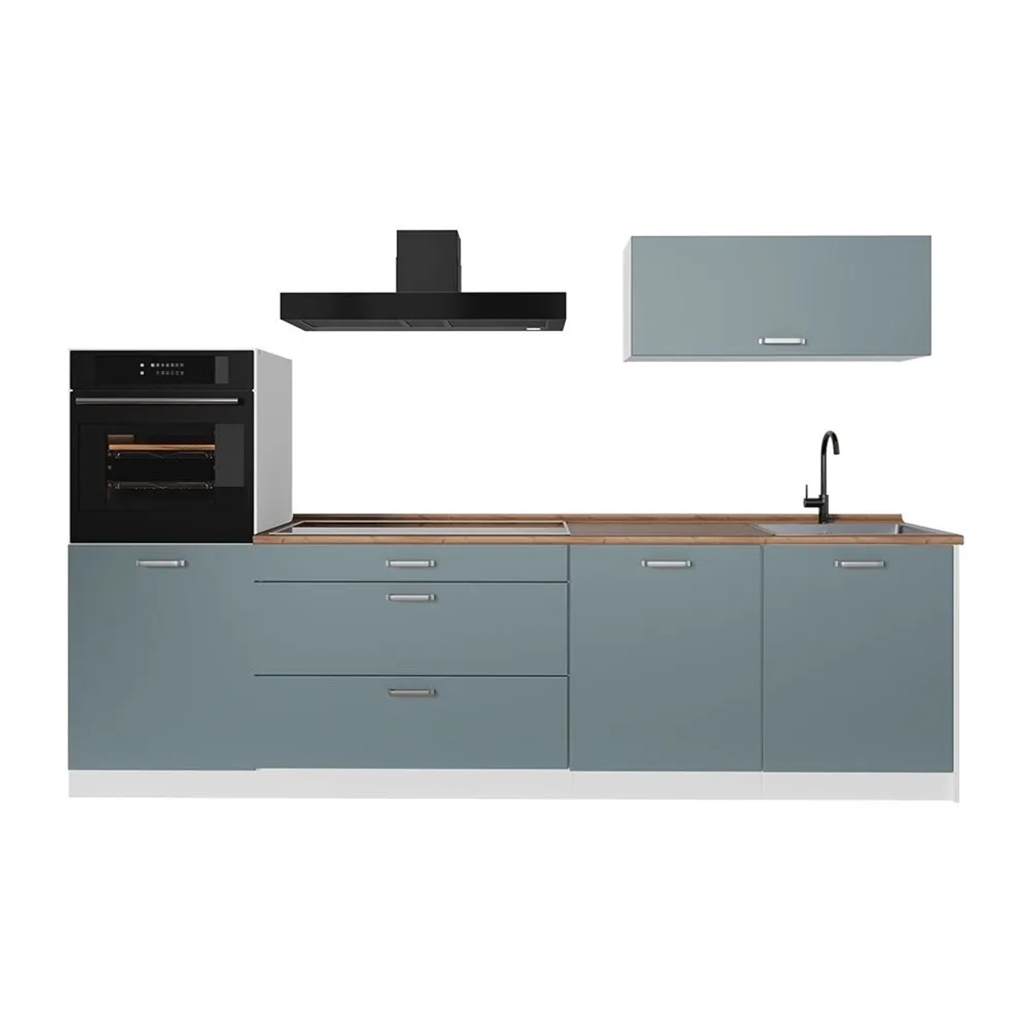 Vicco Küchenzeile R-Line Blau-Grau/Weiß 280 x 143 Arbeitsplatte Goldkraft Eiche Art Nr 67274
