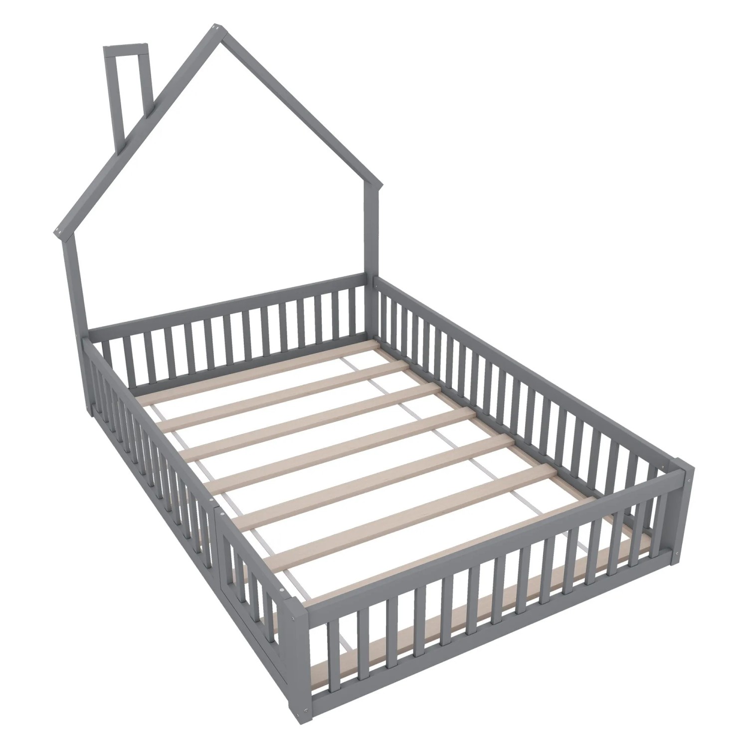 okwish Kinderbett 140×200 Hausbett mit Schornsteinform ohne Matratze