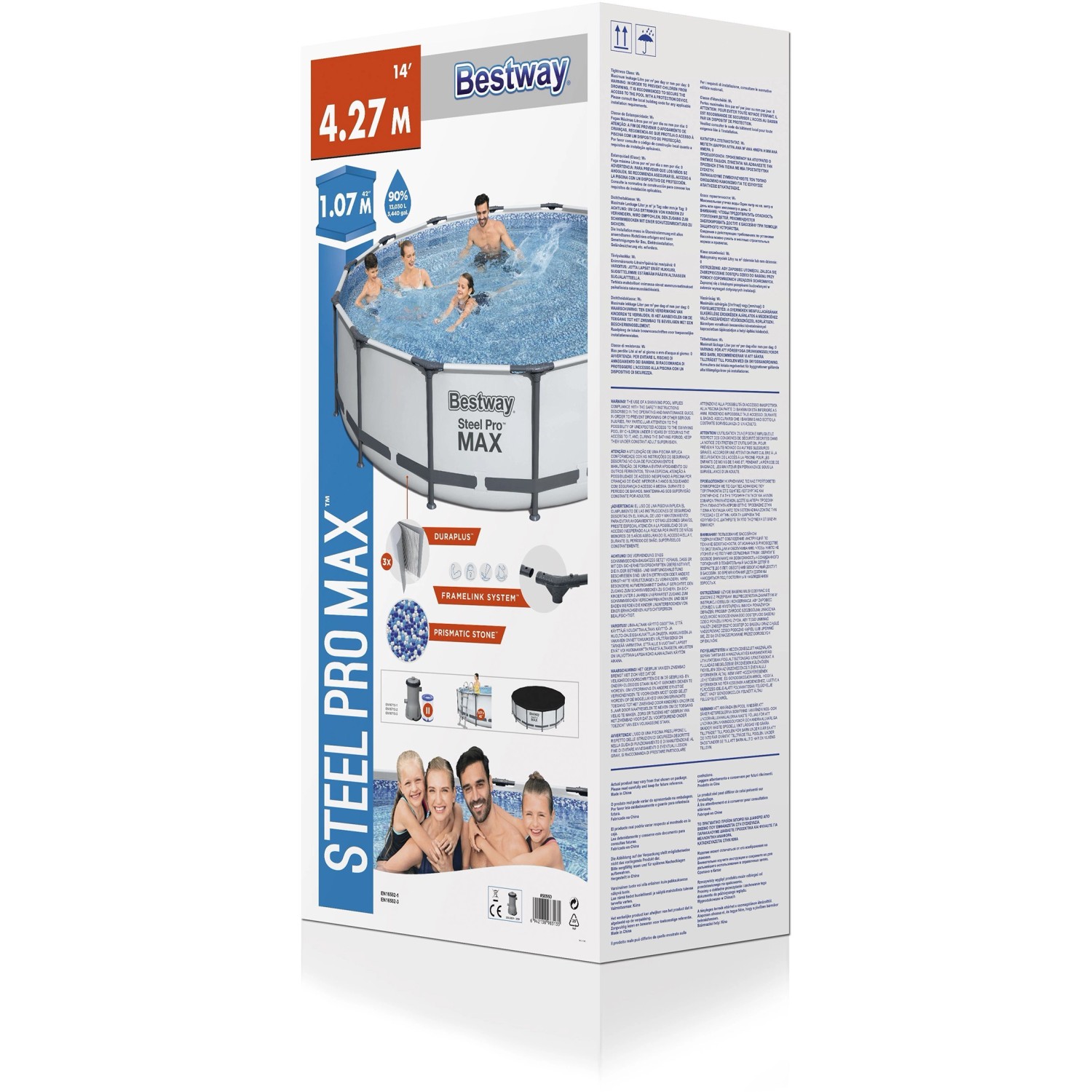 Verpackung des Bestway Stahlrahmen-Pool Sets Steel Pro Max, Ø 427x107 cm, hellgrau.