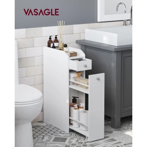 Songmics Badezimmerschrank Siren, weißes Bad-Standregal mit 2 Schubladen und Rollen.