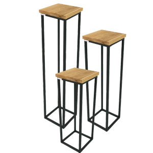 holz4home Blumenständer Set, 3-teilig, Eiche geölt, mit schwarzem Metallgestell.