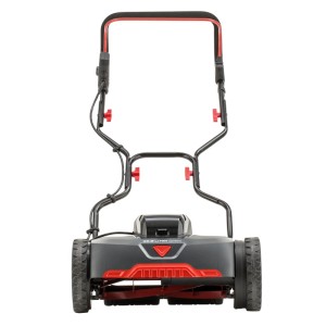 Al-Ko Akku-Spindelmäher RazorCut 38.6Li HM Comfort, Frontansicht. Akku-Rasenmäher mit rot-schwarzem Design.