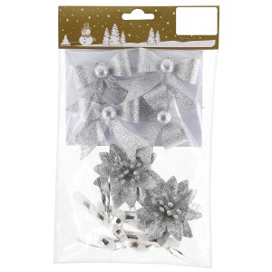 9-teiliges Baumdeko-Set in Silber-Weiß mit Glitter: Schleifen, Zuckerstangen und Blüten für den Weihnachtsbaum.