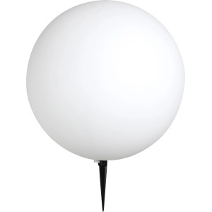 Weiße Globo Kugelleuchte TOULA mit Erdspieß für den Garten.