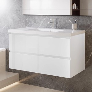 AICA Waschtisch mit Unterschrank, 100 cm, weiß hochglänzend. Badmöbel-Set mit zwei Schubladen und Mineralgussbecken.