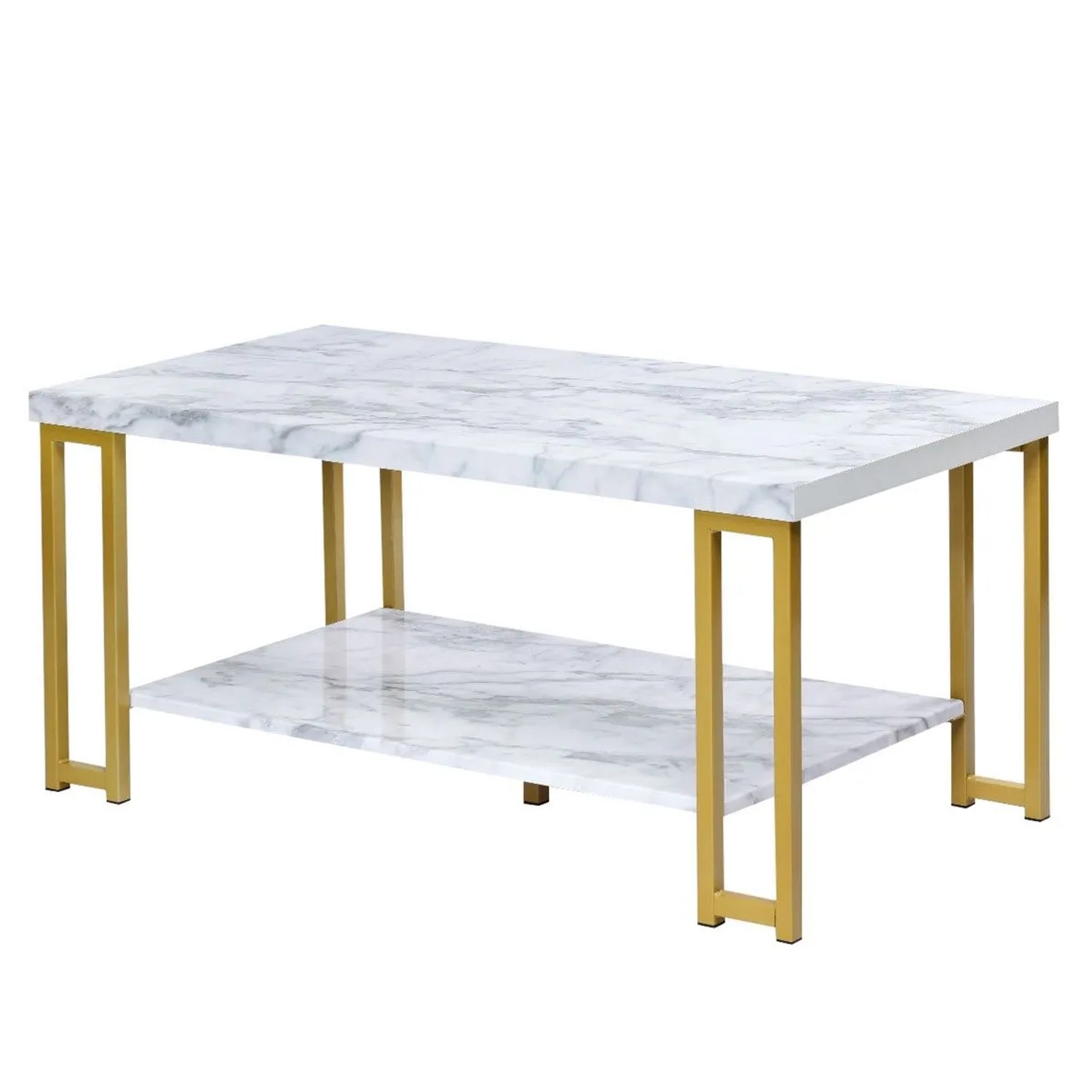Costway Couchtisch Marmor Optik Beistelltisch mit Ablage Modern Gold