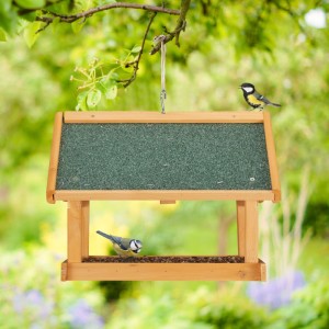 Relaxdays Vogelfutterhaus Holz Stein Natur Grün mit Wandhalterung 35 cm x 42,5 cm x 40,5 cm 2,6 kg