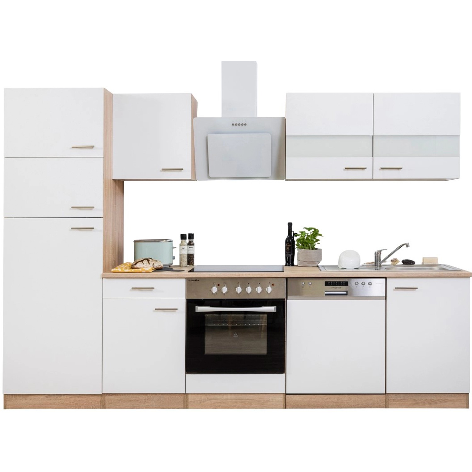 Respekta Küchenzeile KB280ESWCGKE in Weiß und Eiche Sägerau Nachbildung mit E-Geräten.