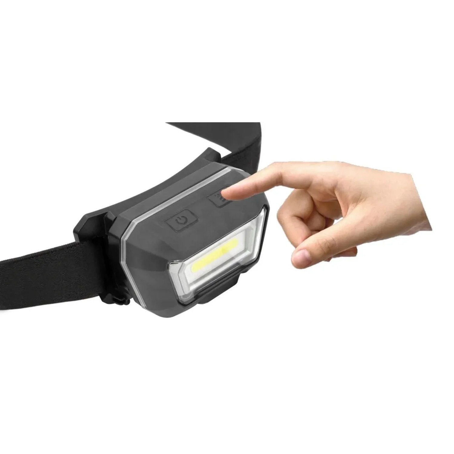 Schwarze Westfalia LED Sensor-Kopfleuchte mit Akku, Finger berührt Sensor.