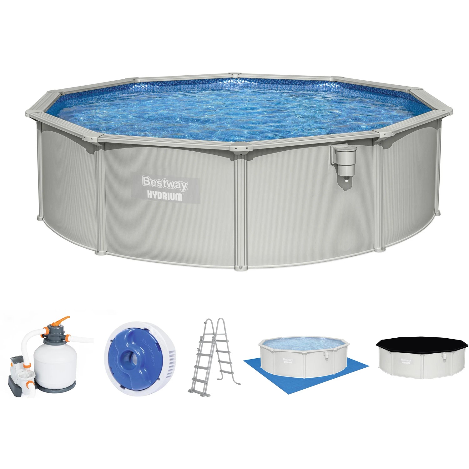 Bestway Hydrium Stahlwandpool Set Ø 460x120 cm mit Sandfilteranlage, Leiter und Zubehör.
