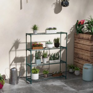 Outsunny Blumenständer aus Stahl, dunkelgrün, mit vier Ablageflächen für Pflanzen und Deko.