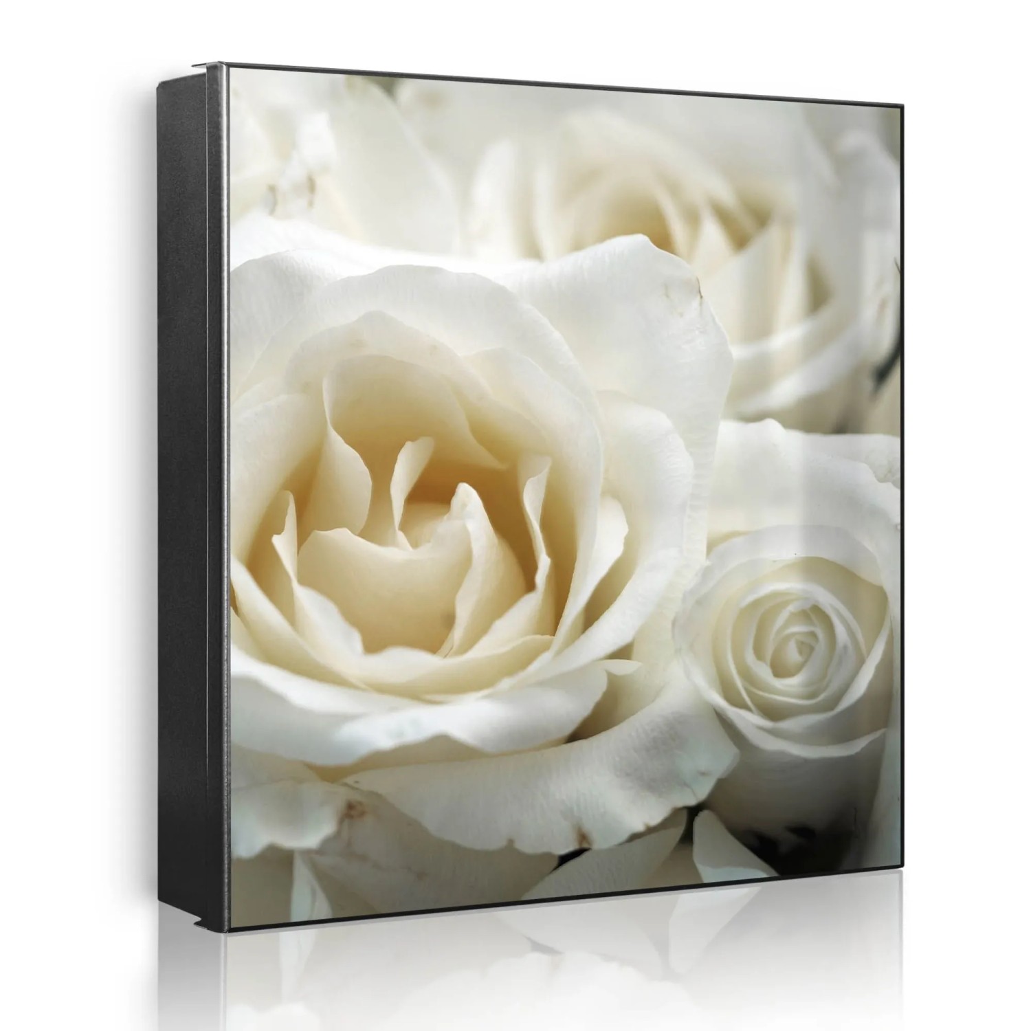 Banjado Großer Schlüsselkasten Metall 30x30cm Schwarz Scharnier Links 50 Haken Beschreibbar Magnetisch Motiv White Roses
