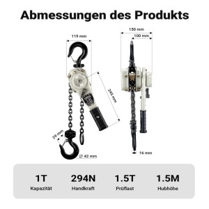 Abmessungen Wiltec Hebelzug 0,75t mit Kette, Details zu Kapazität, Handkraft, Prüflast und Hubhöhe.