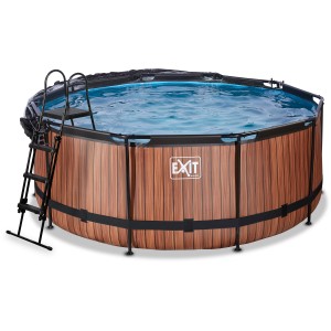 EXIT Wood Pool Ø360x122cm mit Leiter, Abdeckung und Wärmepumpe. Stahlrahmenpool in Holzoptik.