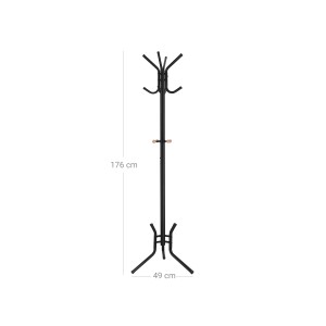Schwarzer Songmics Hutständer mit 12 Haken, 176 cm hoch, für Jacken, Hüte und Accessoires.