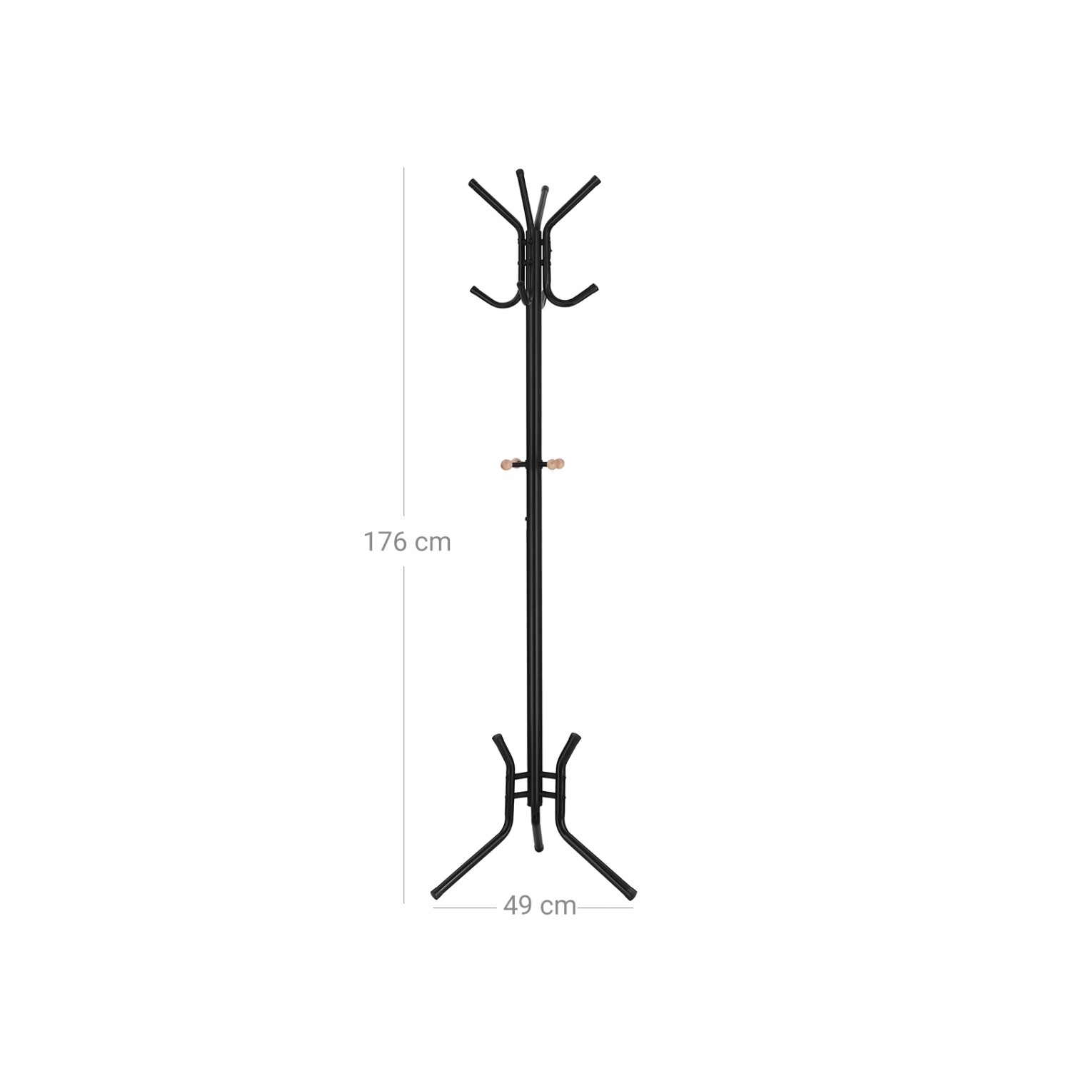 Schwarzer Songmics Hutständer mit 12 Haken, 176 cm hoch, für Jacken, Hüte und Accessoires.