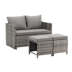 Grau meliertes 2in1 Polyrattan Gartenmöbel Set Jamaika mit Sofa und Hockern.