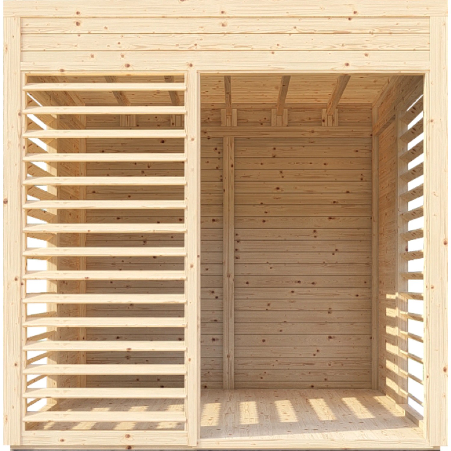 Bertilo Pavillon Garten-Lounge aus Holz, naturbelassen mit Lamellen für Sichtschutz.