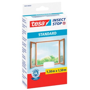 Verpackung Tesa Insect Stop Fliegengitter Standard, 150x130cm, mit Klettband, weiß. Insektenschutz für Fenster.