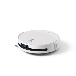 Weißer ECOVACS DEEBOT T90 OMNI Saug- und Wischroboter. Runder Staubsaugerroboter mit blauer Seitenbürste.