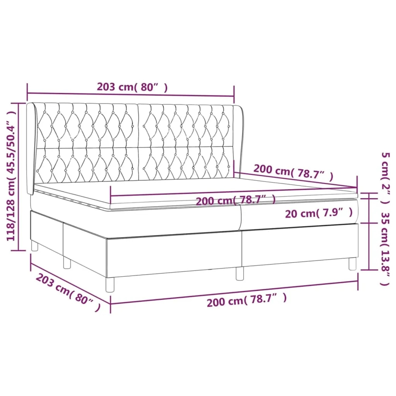 vidaXL Boxspringbett Creme 200x200 cm mit Matratze, Maße und Details.